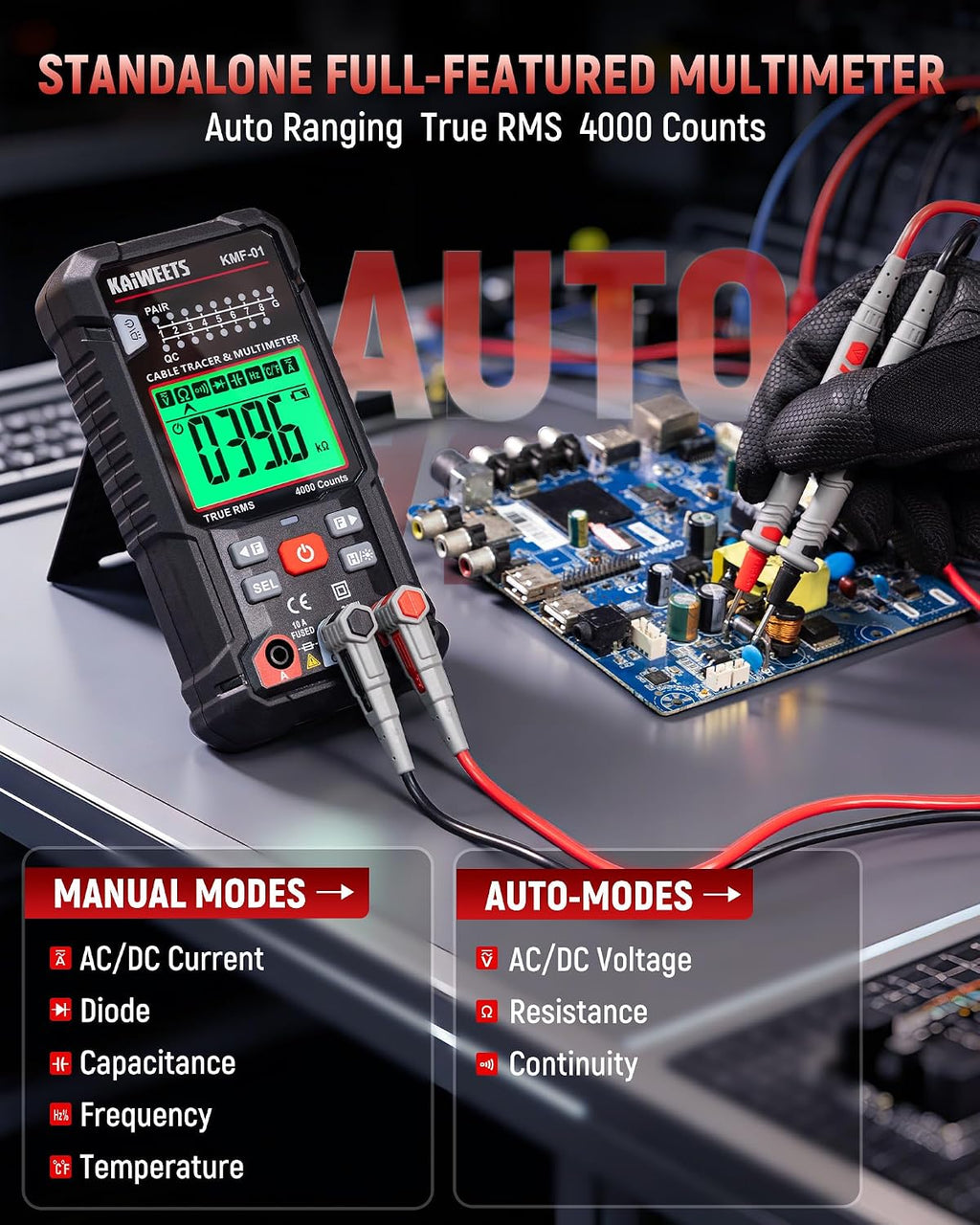 3-in-1 Multimeter & Cable Tracer Kit, Auto-Ranging Digital Multimeter with True RMS 4000 Counts, RJ45/RJ11 Wire