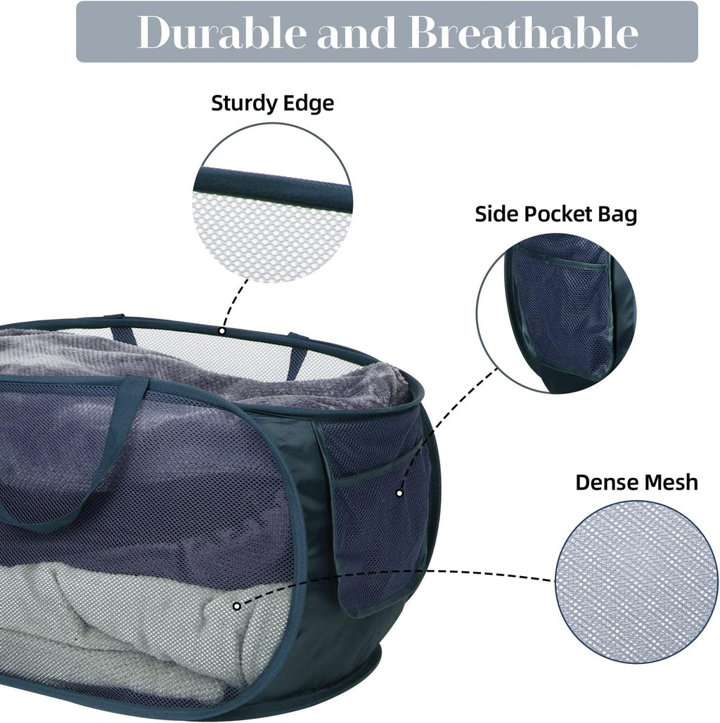 Durable Collapsible Laundry Baskets, Mesh Pop Up Laundry Hamper with Side Pocket, Foldable Clothes Storage Hamper