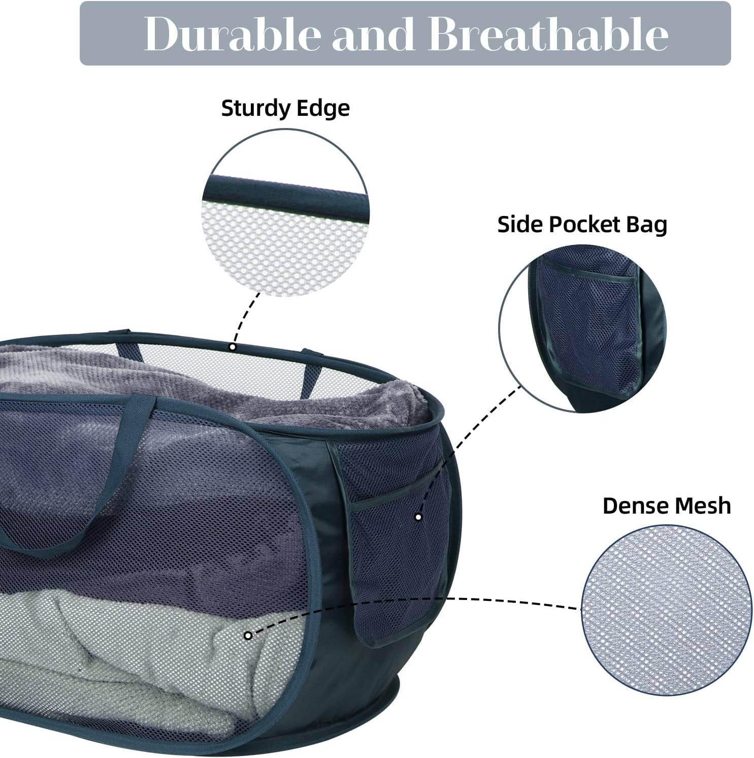 Durable Collapsible Laundry Baskets, Mesh Pop Up Laundry Hamper with Side Pocket, Foldable Clothes Storage Hamper