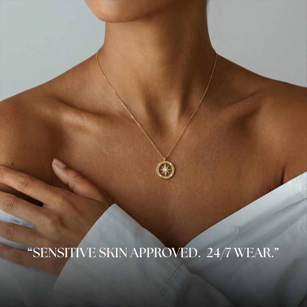 Dainty Necklace - Silver, Gold Plated 18" Choker for Women with Dainty Small Round Faux Diamond Necklace Pendant