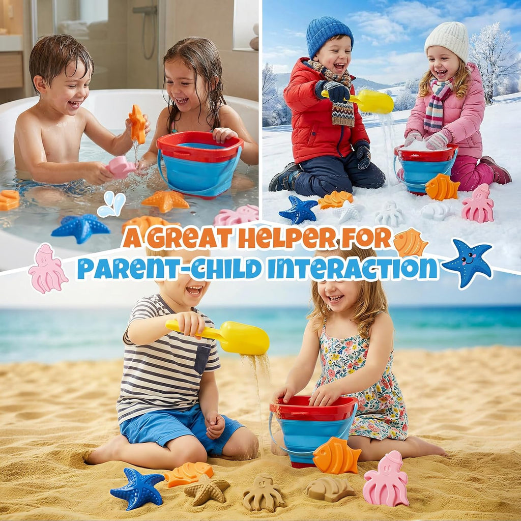 Beach Sand Toys Set for Toddlers, Portable Travel Beach Toys with Collapsible Bucket, Shovel, Rake, 3 Molds & Mesh