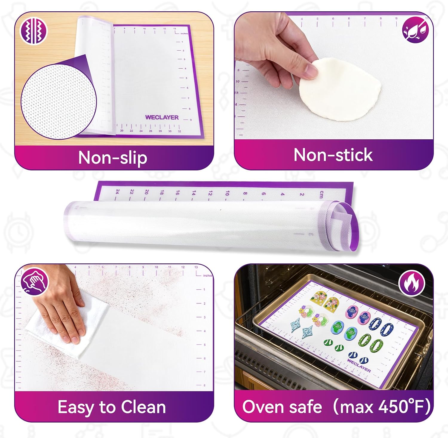 Clay Roller with Thickness Rings and 16" x 12" Silicone Clay Mat with Measurement,Oven-Safe Work Mat with