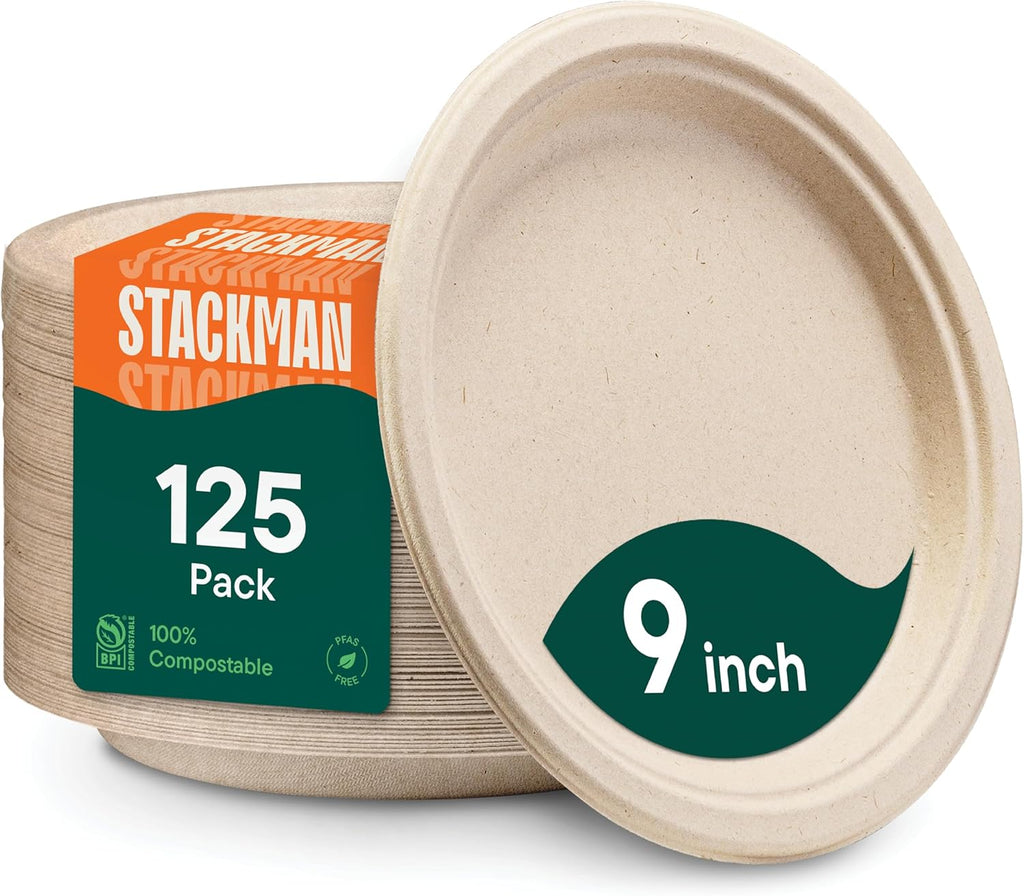 100% Compostable Paper Plates, Heavy Duty Disposable Plates [125-Pack] 9 Inch Plates - Eco-Friendly, Biodegradable
