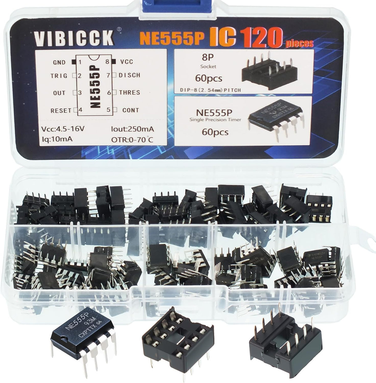 60pcs NE555P IC Pulse generators+60 DIP-8 IC sockets Precision timers