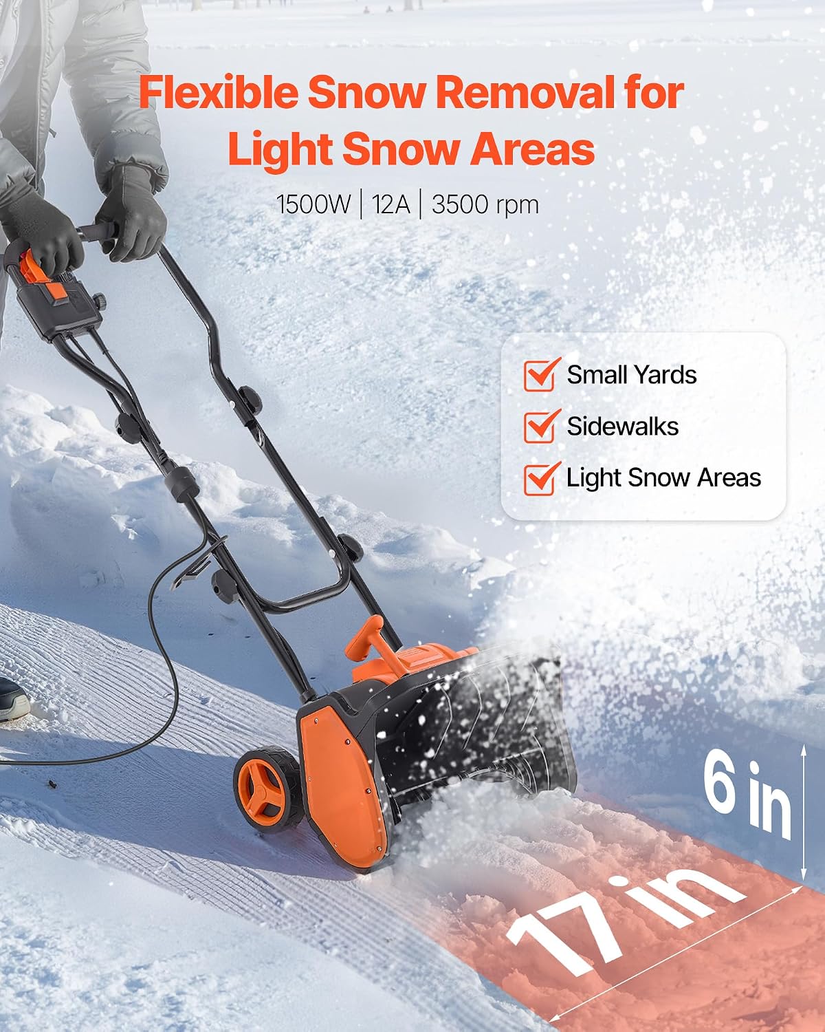 Corded Electric Snow Shovel, 12A 17 inch Snow Shovel, 60° Adjustable Chute, 20 ft Throwing Distance, Snowthrower with
