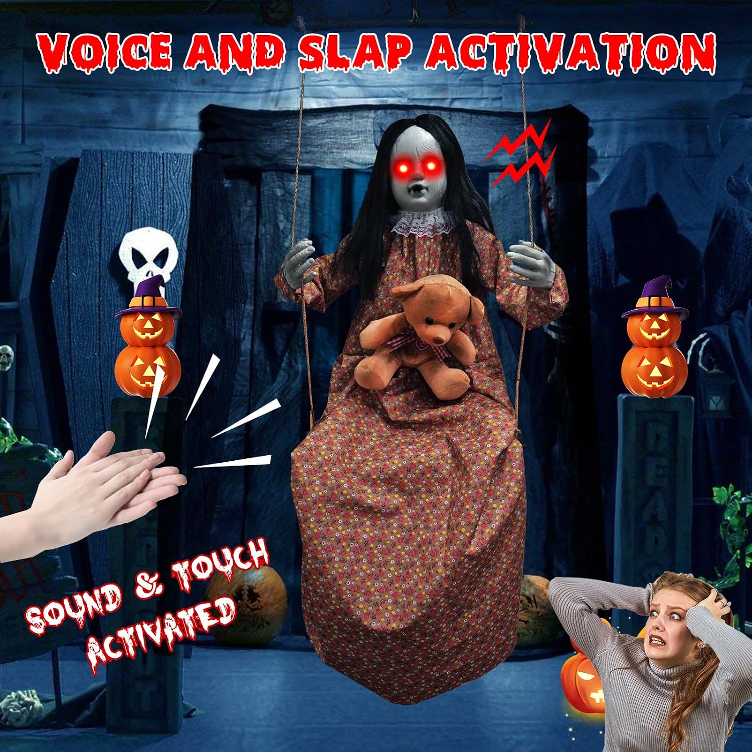 Scary Halloween Decorations Outdoor Hanging Swinging Doll Girl | Sound & Slap Activated, Light Up Eyes Creepy Sound
