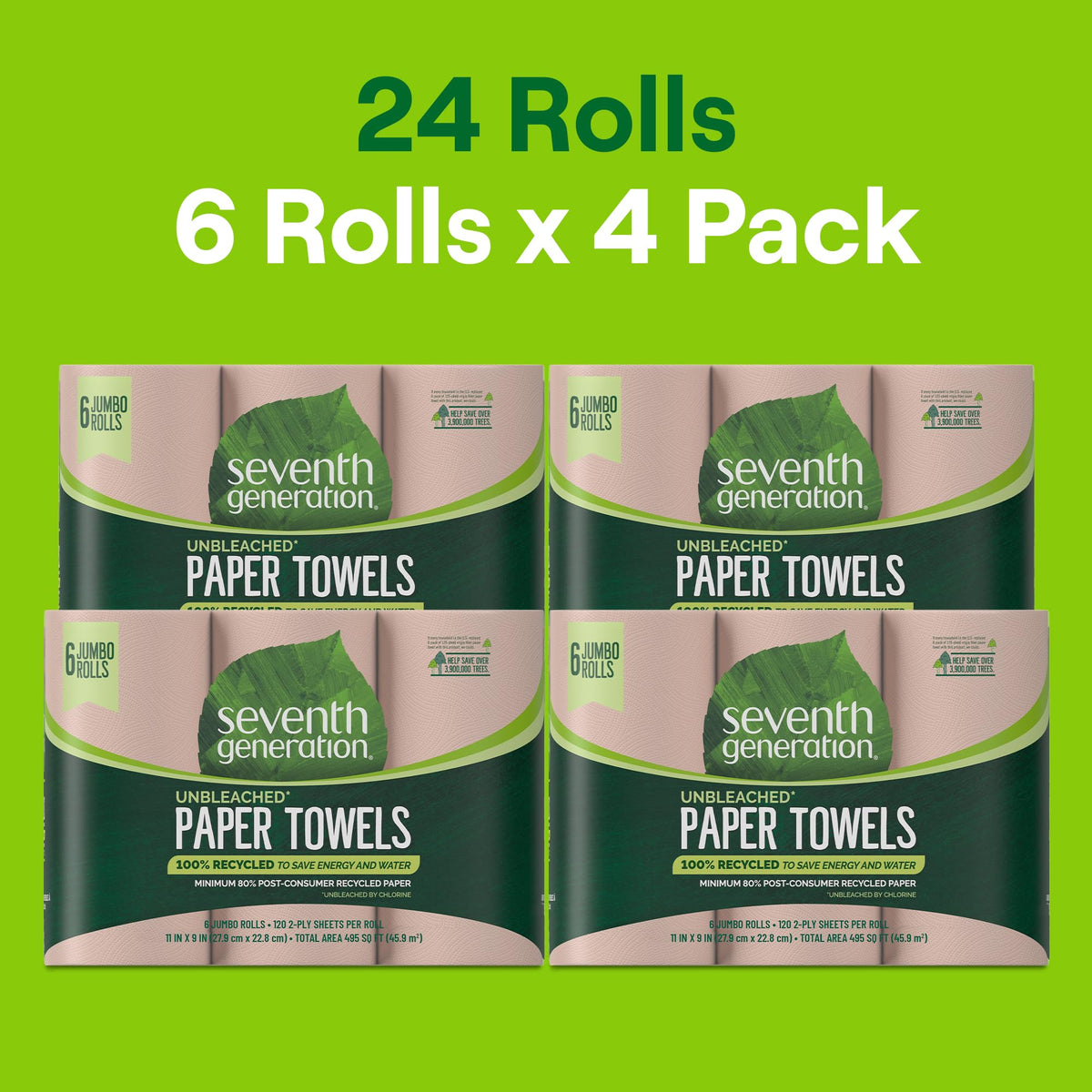 Unbleached Recycled Paper Towels, 6 Rolls, 4-Pack