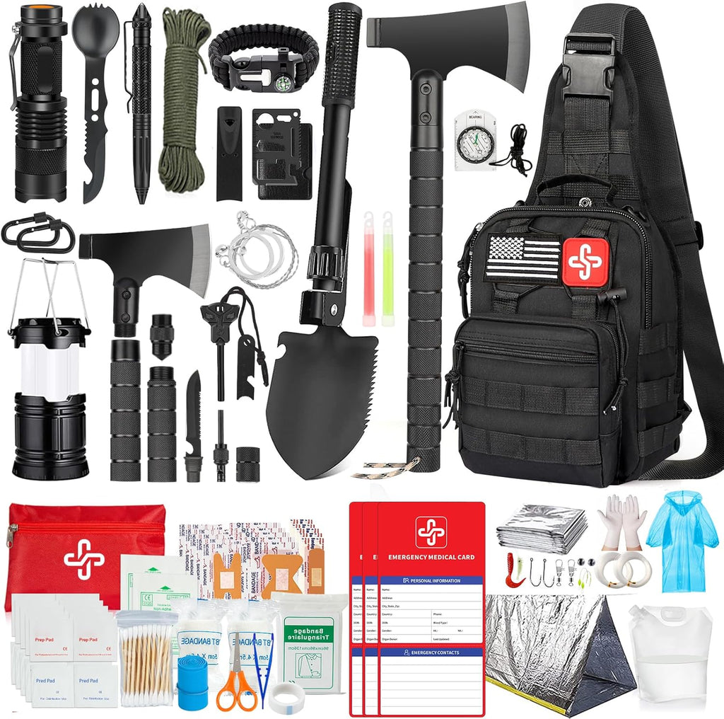 Survival Kit, 262Pcs Survival Gear and Supplies with First Aid Kit Pouch and Crossbody Bag, Emergency Kit with Tent