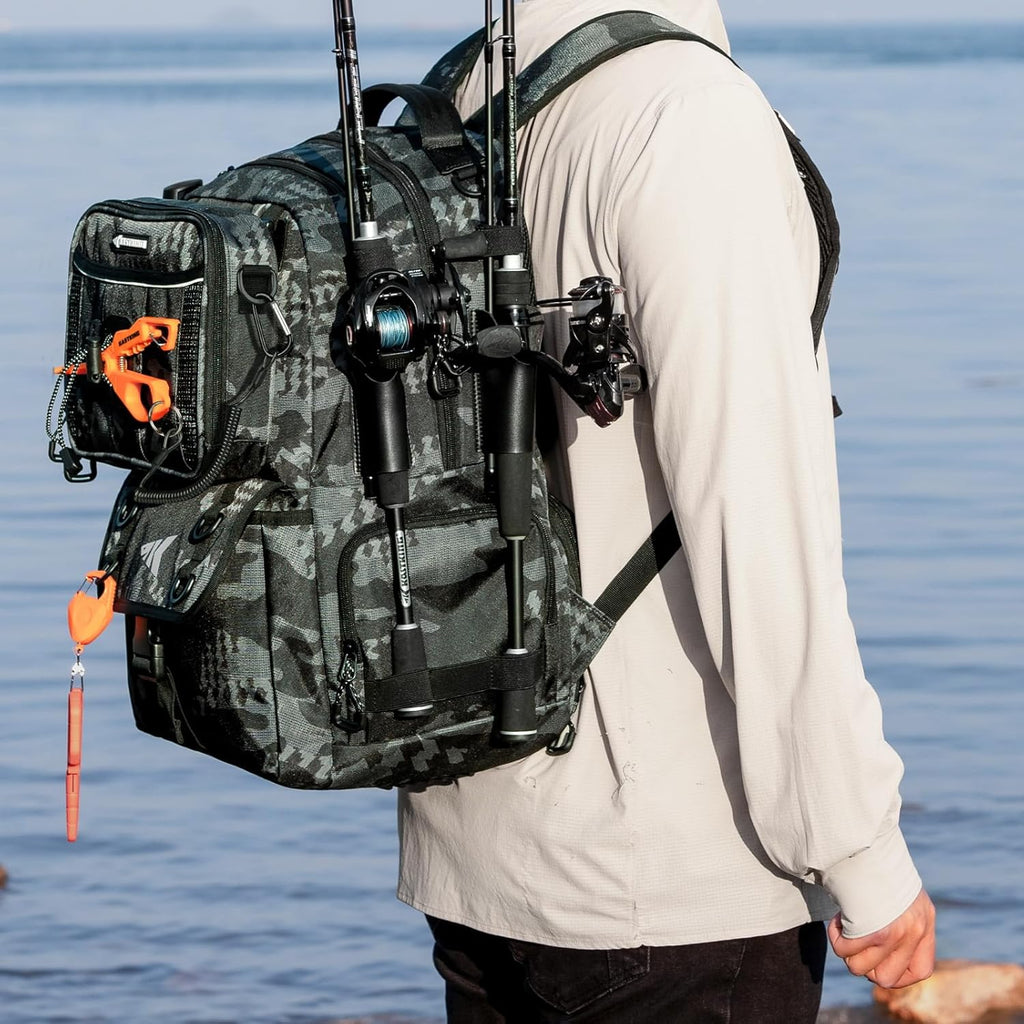 BaitSpace Fishing Tackle Backpack with Removable Bait Binder,2 Rod Holders Storage Fishing Gear and Equipment | 50L