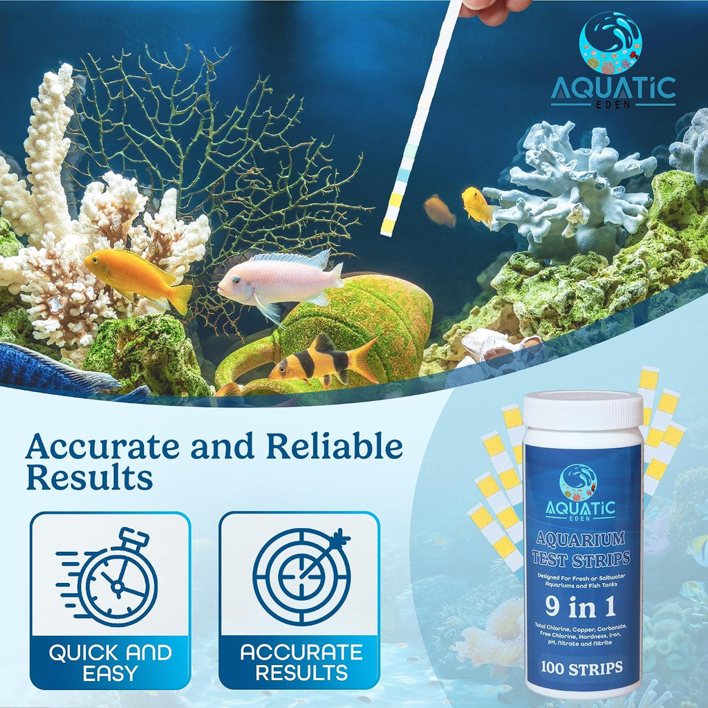 9-in-1 Aquarium Water Test Kit - 100 Freshwater & Saltwater Test Strips | Fish Tank Kit for pH, Nitrate, Nitrite