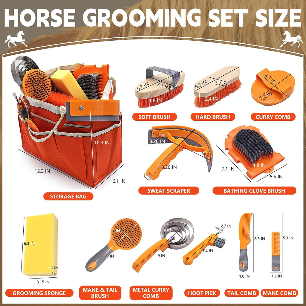 Horse Grooming Kit, 12-Piece Horse Brush Set with Storage Tote, Orange