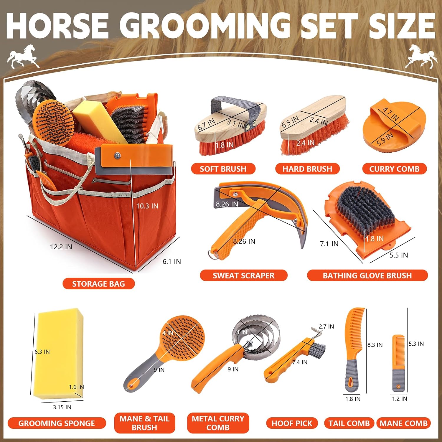 Horse Grooming Kit, 12-Piece Horse Brush Set with Storage Tote, Orange