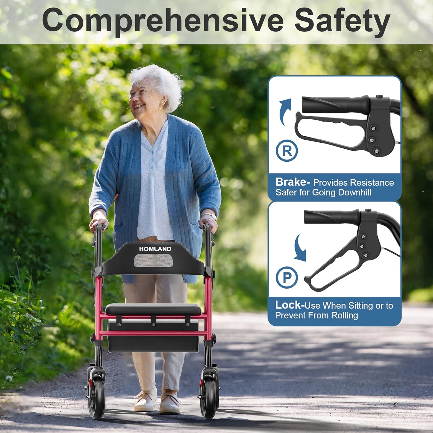 Foldable Rollator Walkers with Seat for Seniors, 8'' Big Wheels, 350 lb. Weight Capacity, Adjustable Handles and Seat