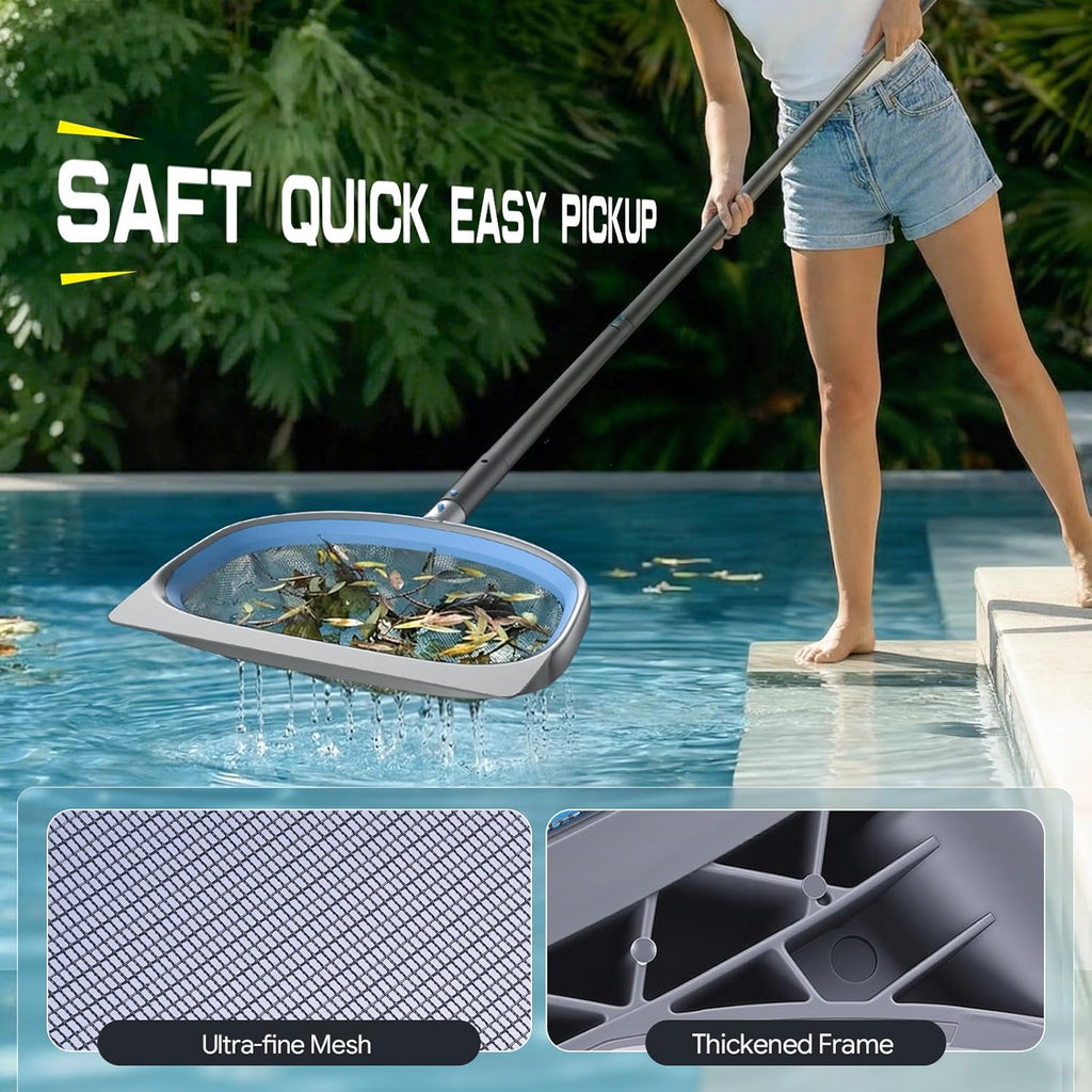 4-in-1 Deluxe Swimming Pool Cleaning Kit - Includes Detachable Pool Brush, Heavy Duty Deep Leaf Skimmer Net, Fine