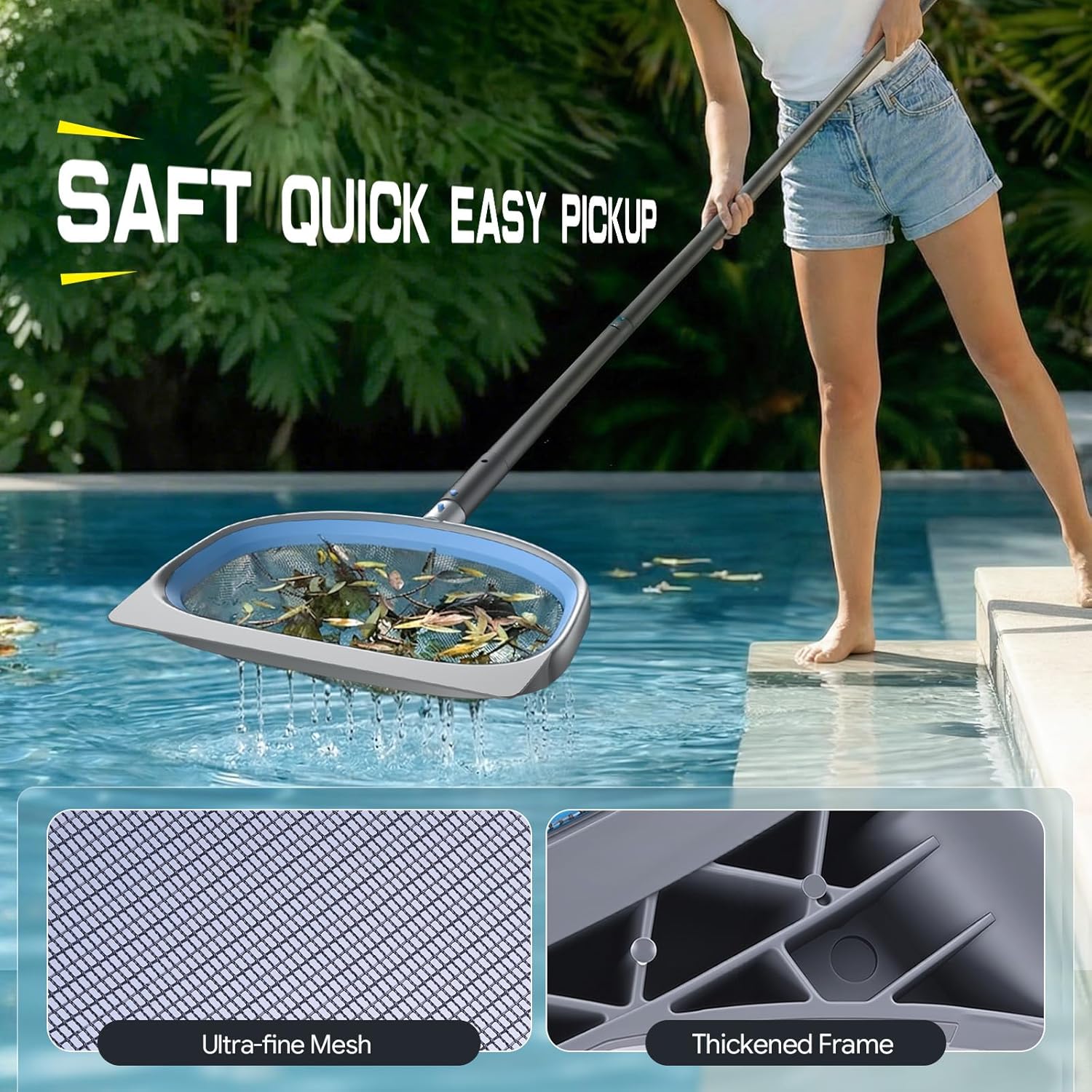 4-in-1 Deluxe Swimming Pool Cleaning Kit - Includes Detachable Pool Brush, Heavy Duty Deep Leaf Skimmer Net, Fine