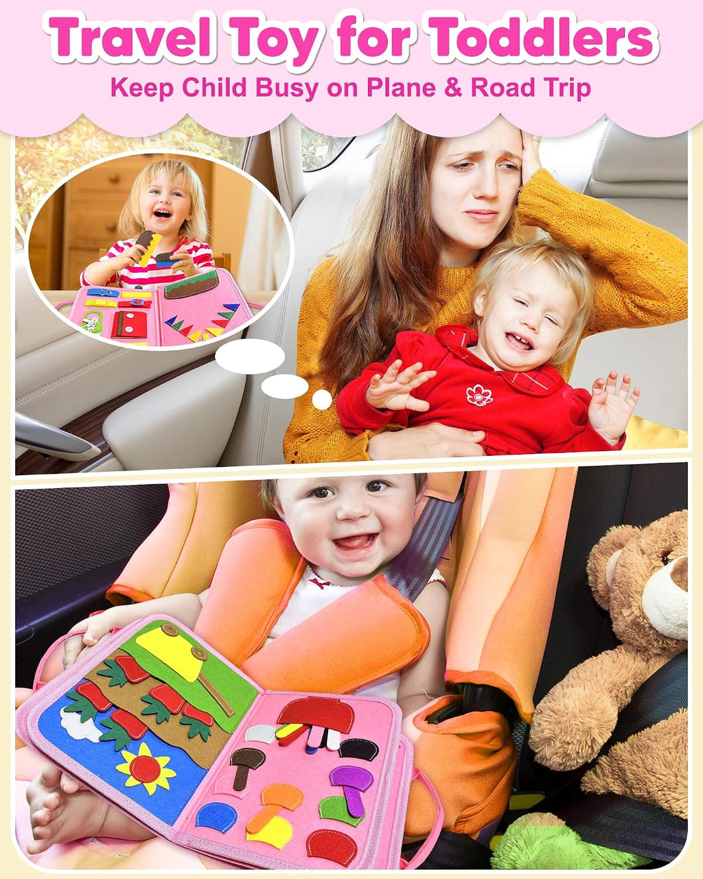 Busy Board Montessori Toys for Toddler Girl Birthday Gift Busy Book | Airplane Car Travel Toy, Learning Educational