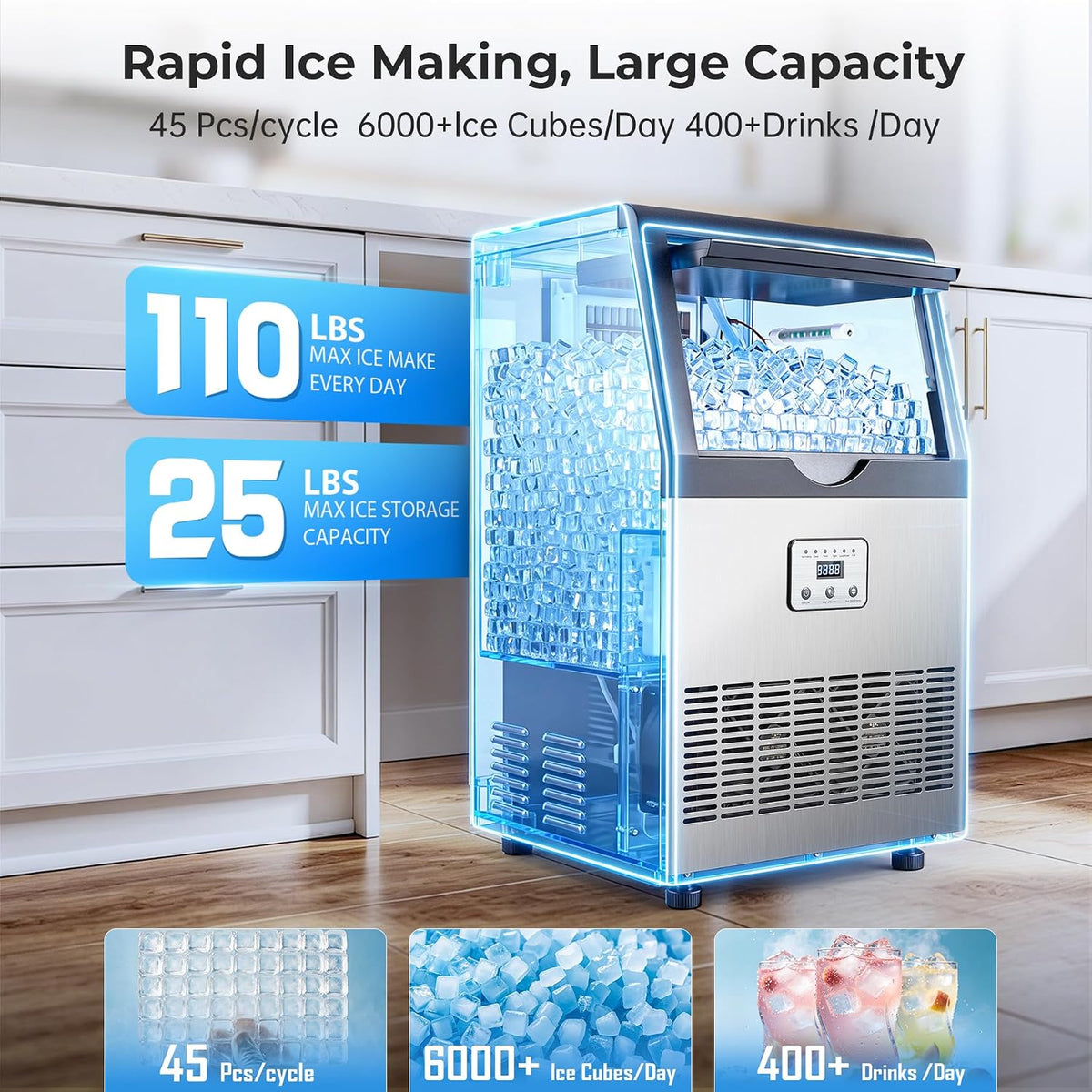 110LBS/24H Commercial Ice Maker Machine Under Counter/Freestanding