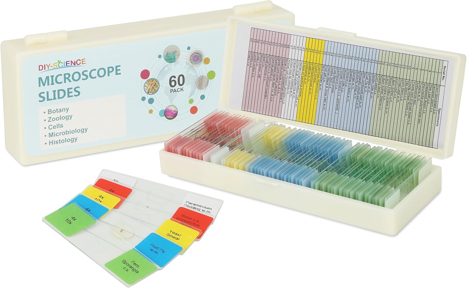 Microscope Slides with Specimens for Kids, 60 Lab-Grade Prepared Microscope Slides, Animal/Plant/Microbe/Tissue