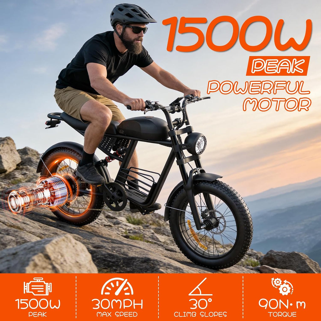 Electric Bike for Adults, 48V 1500W/3000W Dual Peak Motor, 35 mph Top Speed, 20" 4.0" Fat Tires, 7-Speed Shimano