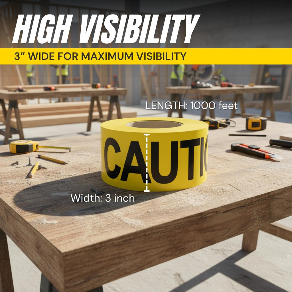 Premium Yellow Caution Tape 3 inch x 1000 feet, Bright Yellow w/Bold Black Text, 3" Wide for Maximum Readability