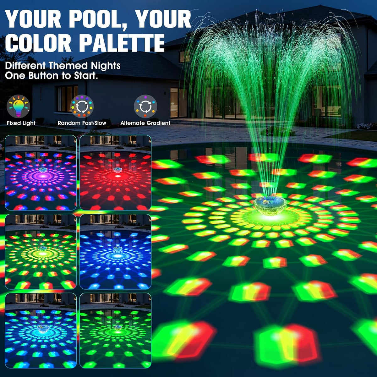 Upgraded Floating Pool Fountain with Light,Large Rechargeable Pool Fountain | 8000mAh Large Battery,6 Light Modes,2