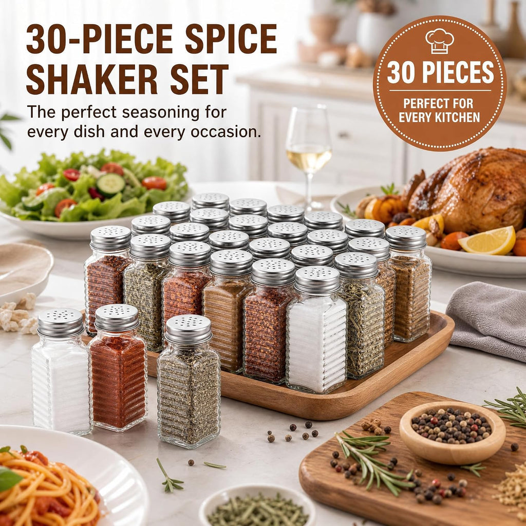 30 Pack Salt and Pepper Shakers, 3.3oz Glass Shakers Spice Jar with Metal Lids for Salt, Pepper, Spices, Seasonings
