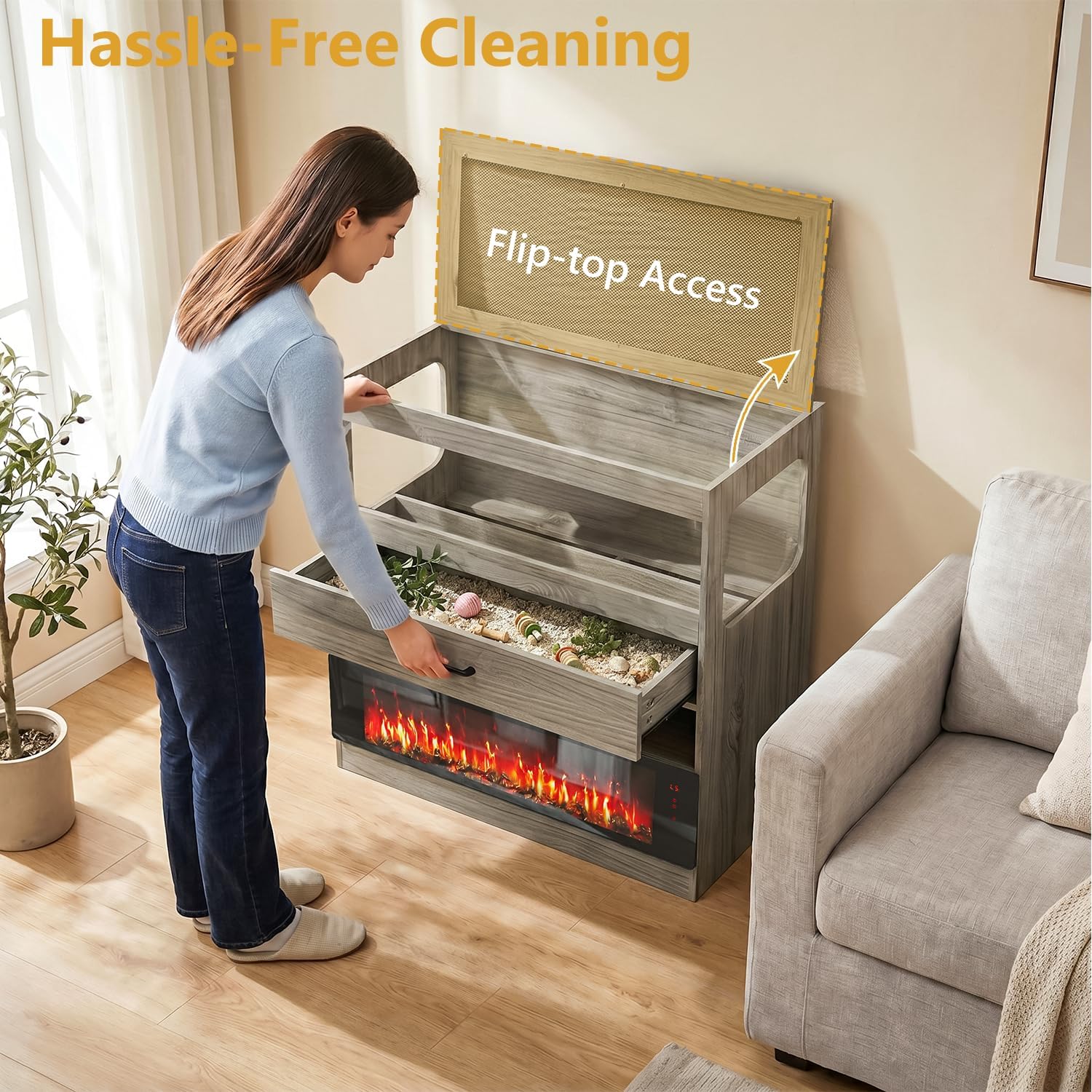 36" Hamster Cage with Storage Cabinet, Small Animal Cage with 36" Electric Fireplace, Flip-Top Lid & Acrylic Viewing