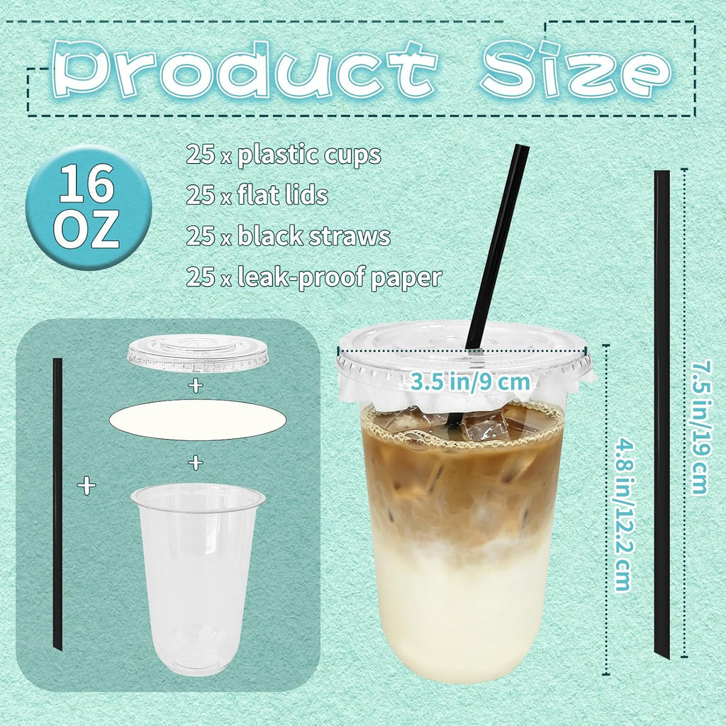 16 oz Clear Plastic Cups with Lids,Leak-proof Paper and Straws,25 Sets