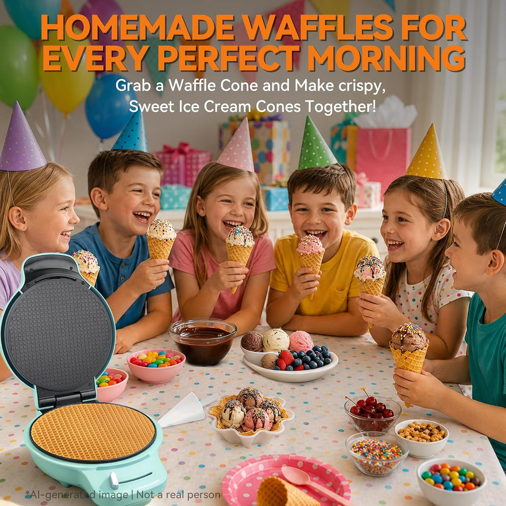 Waffle Cone Maker Machine with Browning Control, 7.5” Ice Cream Cone Maker, Cone Roller & Bowl Press Included,Thin