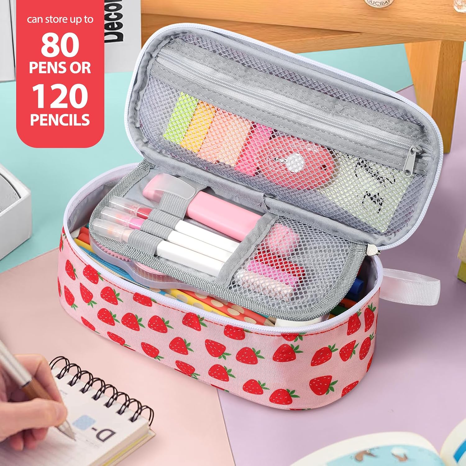 Large Capacity Pencil Case Portable Pencil Pouch Bag School Supplies for College Students Girls Boys Adults(Strawberry)