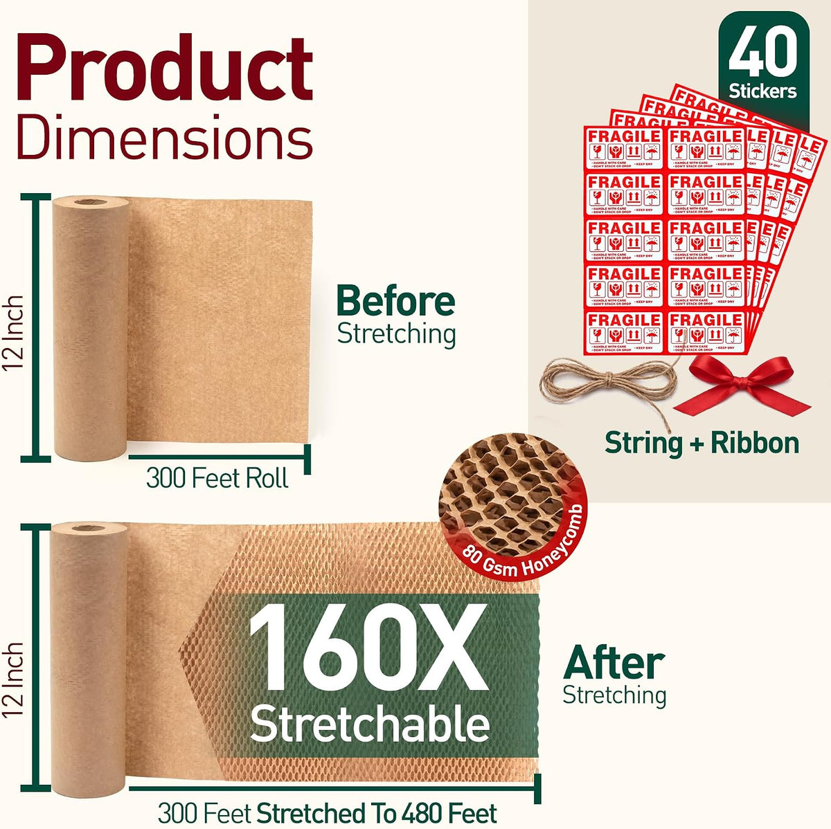 Honeycomb Packing Paper, 12 Inch x 300 FT – Eco-Friendly Recyclable Cushioning Wrap Roll for Moving & Shipping