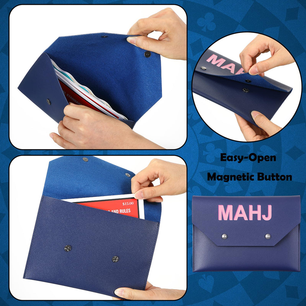 Leather Mahjong Card Holder Gift, Navy Blue, 9.5x6.8 Inch, Solid Color
