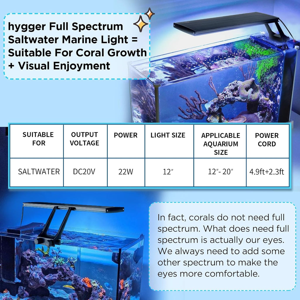 Clip On 24/7 Saltwater Aquarium LED Light, 22W Sunrise-Daylight-Moonlight Mode and DIY Mode, Adjustable Timer