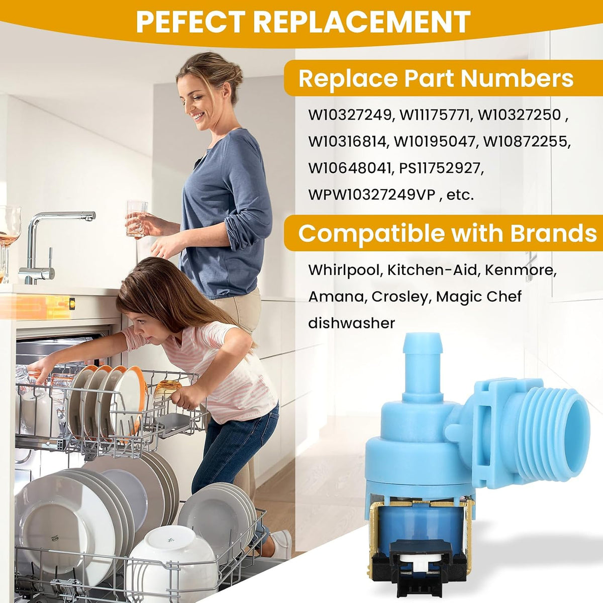 2026 UPGRADED W10327249 W10327250 W11175771 Dishwasher Water Inlet Valve Fit for Whirlpool,Kenmore,KitchenAid,Amana Dishwasher Replaces W10195047 W10316814 W11130743 Dish-washer Parts Replacement