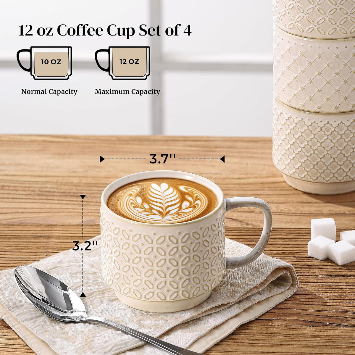 12oz Coffee Mugs Set of 4, Ceramic Coffee Mugs, Stackable Cappuccino Cups, Microwave Safe and Large Handle, Office