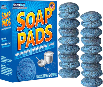 20 PK Steel Wool Soap Pads - [Updated Not-Kosher!] - Metal Scouring Cleaning Pads for Dishes, Pots and Ovens