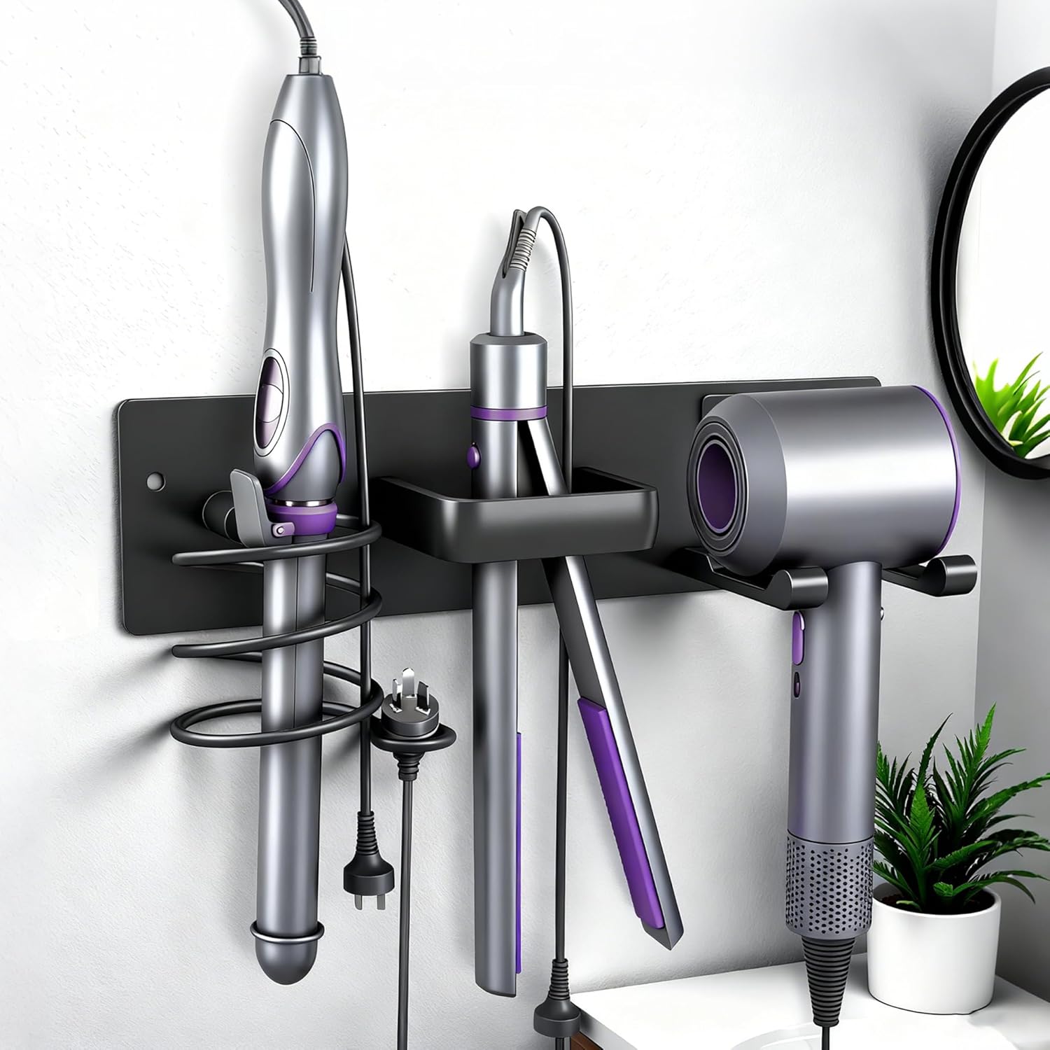 Blow Dryer Holder Wall Mount, 3 in 1 Bathroom Hair Tool Organizer with Curling Iron Holder & Flat Iron Holder