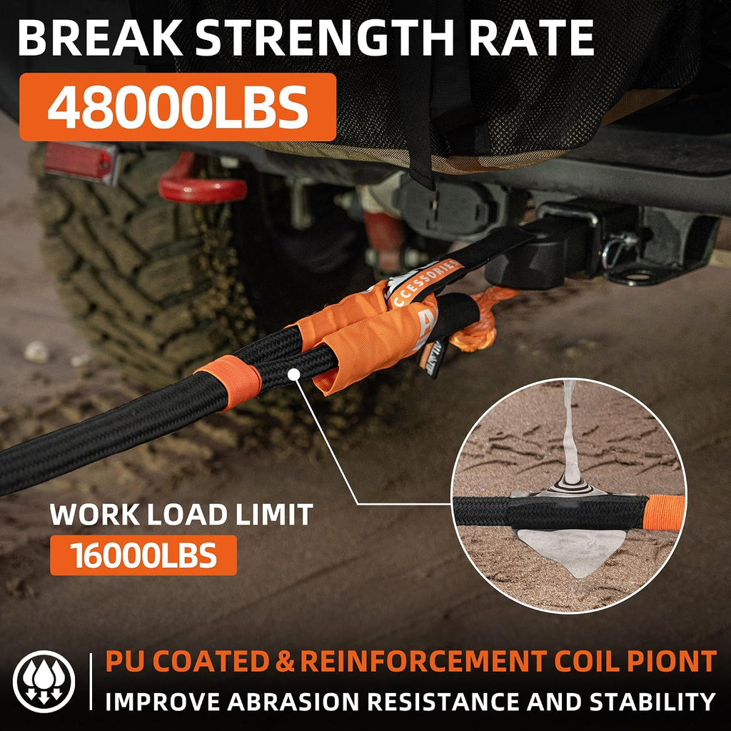 Kinetic Recovery Rope Kit w/ 2 Soft Shackles, 48000Lbs, 1in x 30ft, Heavy Duty 30+% Elasticity, 16000Lbs Work Load Limit