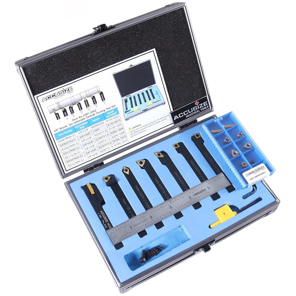 Accusize Industrial Tools 7 Pieces/Set 3/8'' Indexable Carbide Turning Tool Set with 10 Extra Carbide Inserts in Fitted Box, 2387-2003plus