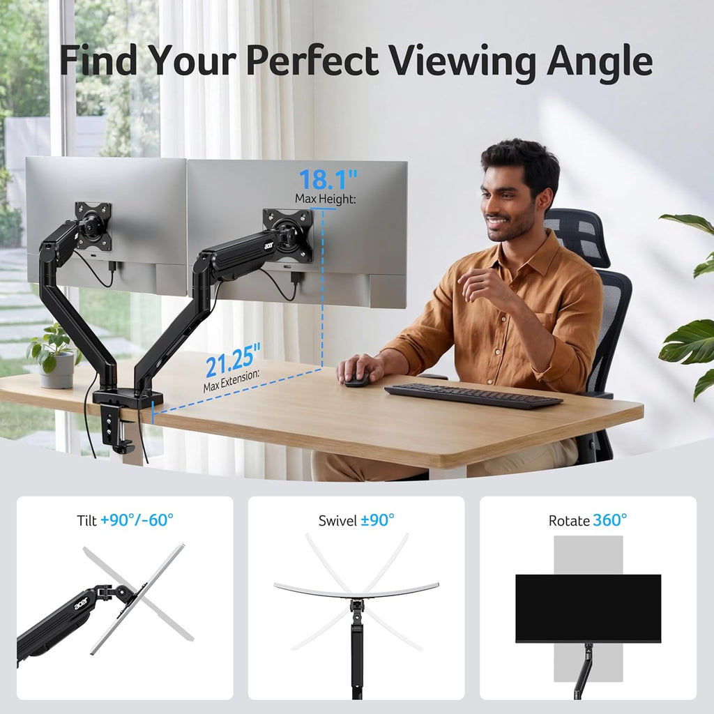 Dual Monitor Arm, Gas Spring VESA Mount Stand for 17-32" Screens | Computer Desk Arm Fully Adjustable VESA