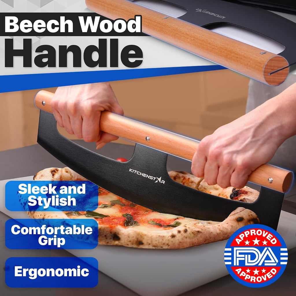 14-Inch Pizza Cutter Rocker Blade, 304 Stainless Steel Knife, Wooden Handle