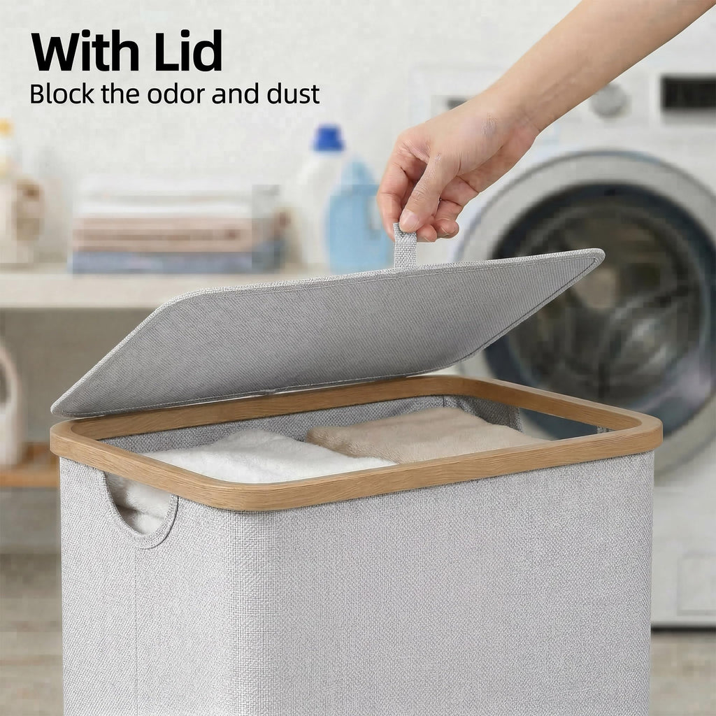 Slim Laundry Hamper with Lid and Removable Bag, 75L Light Grey