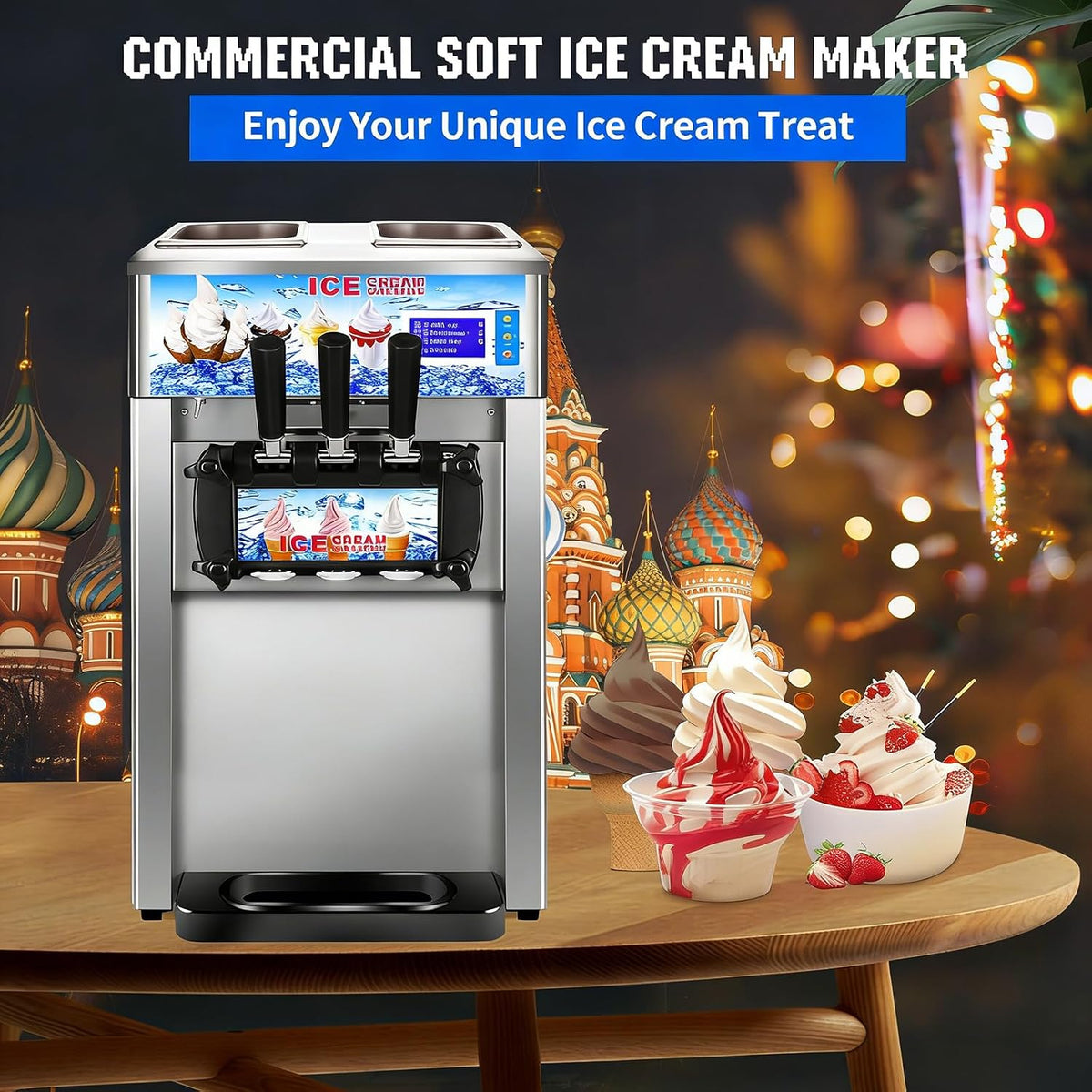 Soft Serve Ice Cream Machine, 18L/H Soft Serve Machine, 1200W Countertop Soft Ice Cream Maker with 3 Flavors LCD