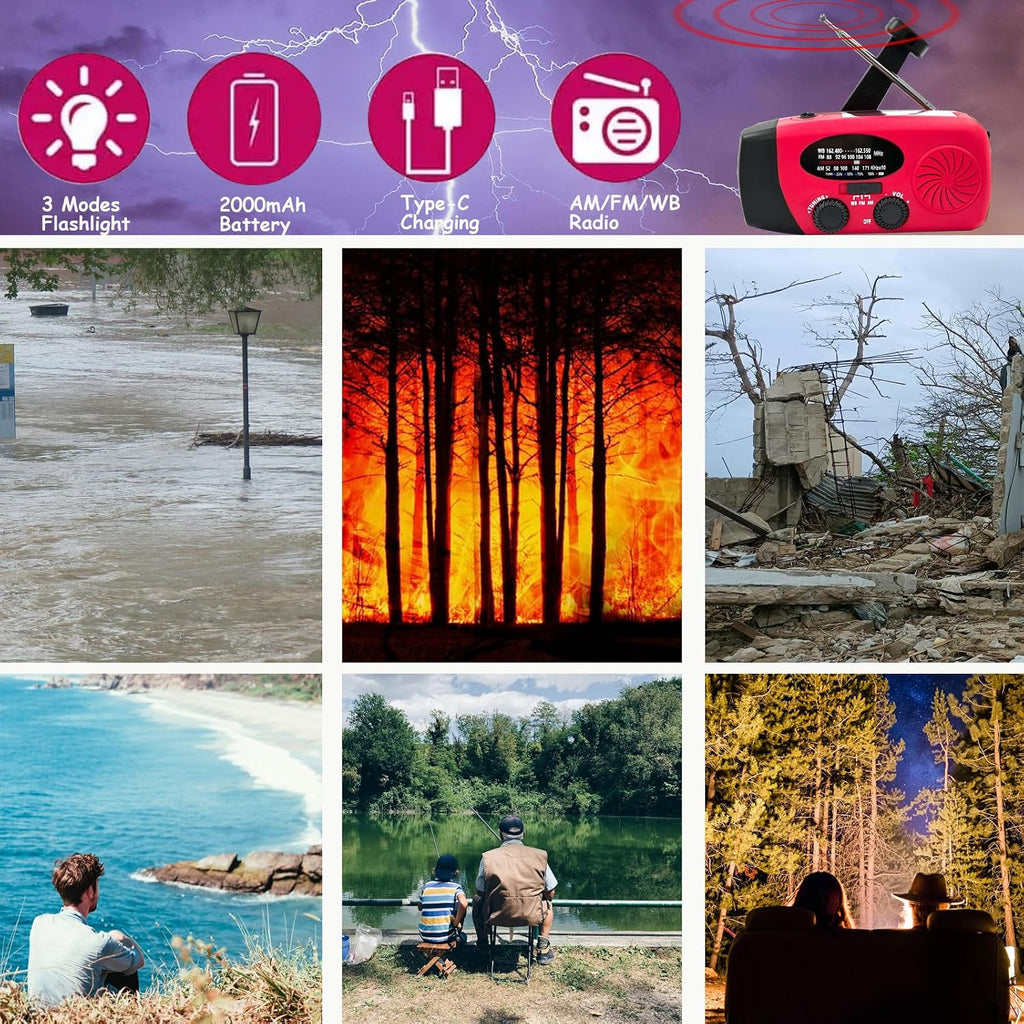 Portable 2000mAh Hand Crank Emergency Solar Panel SOS Weather Radio, Self-Powered 7 NOAA Channels Emergency Radio