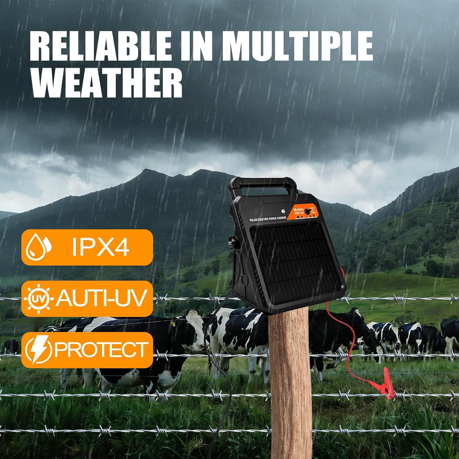 20 Mile Solar Electric Fence Charger, 0.4J Output Solar Fence Kit 10.2 KV Max Voltage, 12V/4.5Ah Battery, Portable