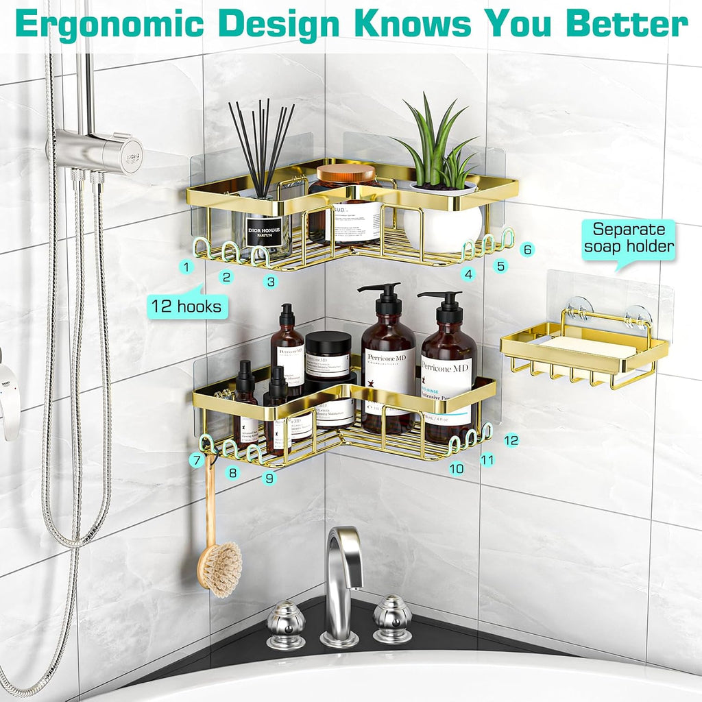Corner Shower Caddy, 3-Pack Adhesive Bathroom Caddy with Soap Holder and 12 Hooks, Rustproof Stainless Steel Shower