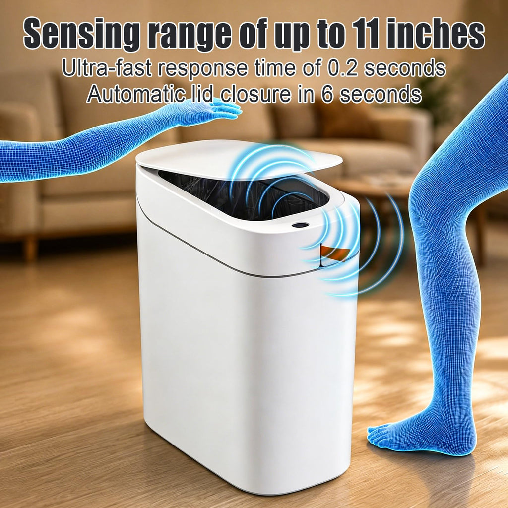 Bathroom Trash Can, Automatic Bagging Garbage Can, 3.5 Gallon Slim Smart Small Plastic Trash Bin, Narrow Motion