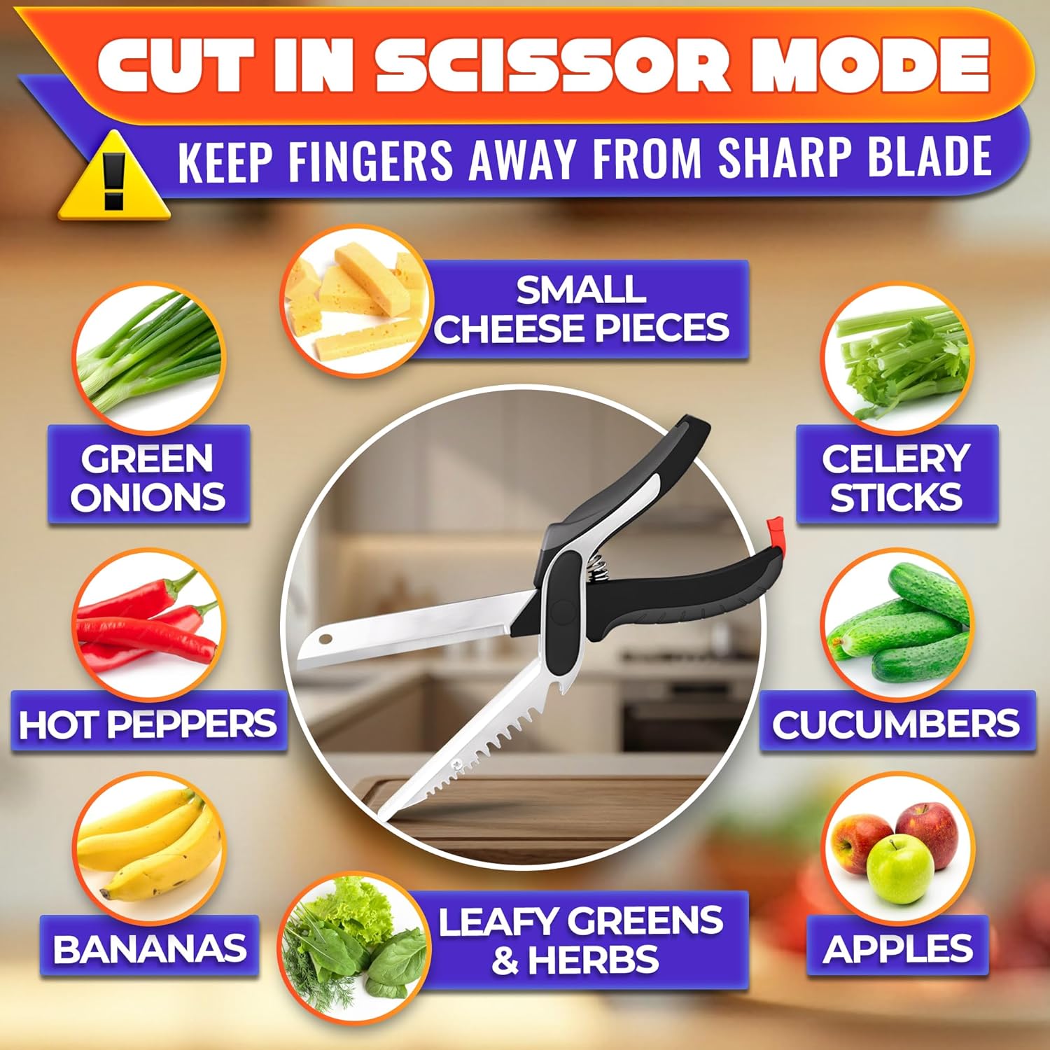 6-in-1 Cutting Board Scissors – Heavy Duty & Dishwasher-Safe Kitchen Shears with Ribbed No-Slip Blade, Spring-Assist