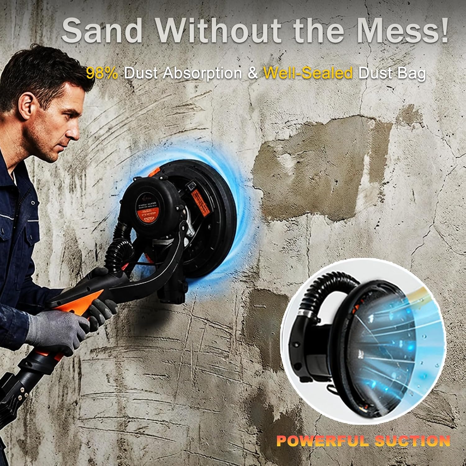 Drywall Sander with Vacuum, 780W 7-Speed Popcorn Ceiling Removal Tool | 95% Dust-Free, LED Light, 5.5ft Telescoping