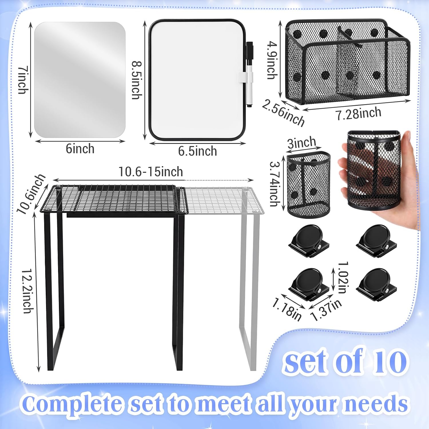 Adjustable Locker Shelf Organizer Set with Magnetic Accessories, Locker Shelf Adjustable 10.6–15 Inch with Magnetic
